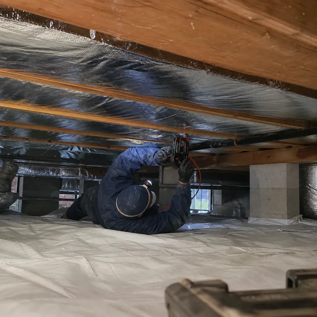 Contractor installing vapor barrier insulation in a home crawl space