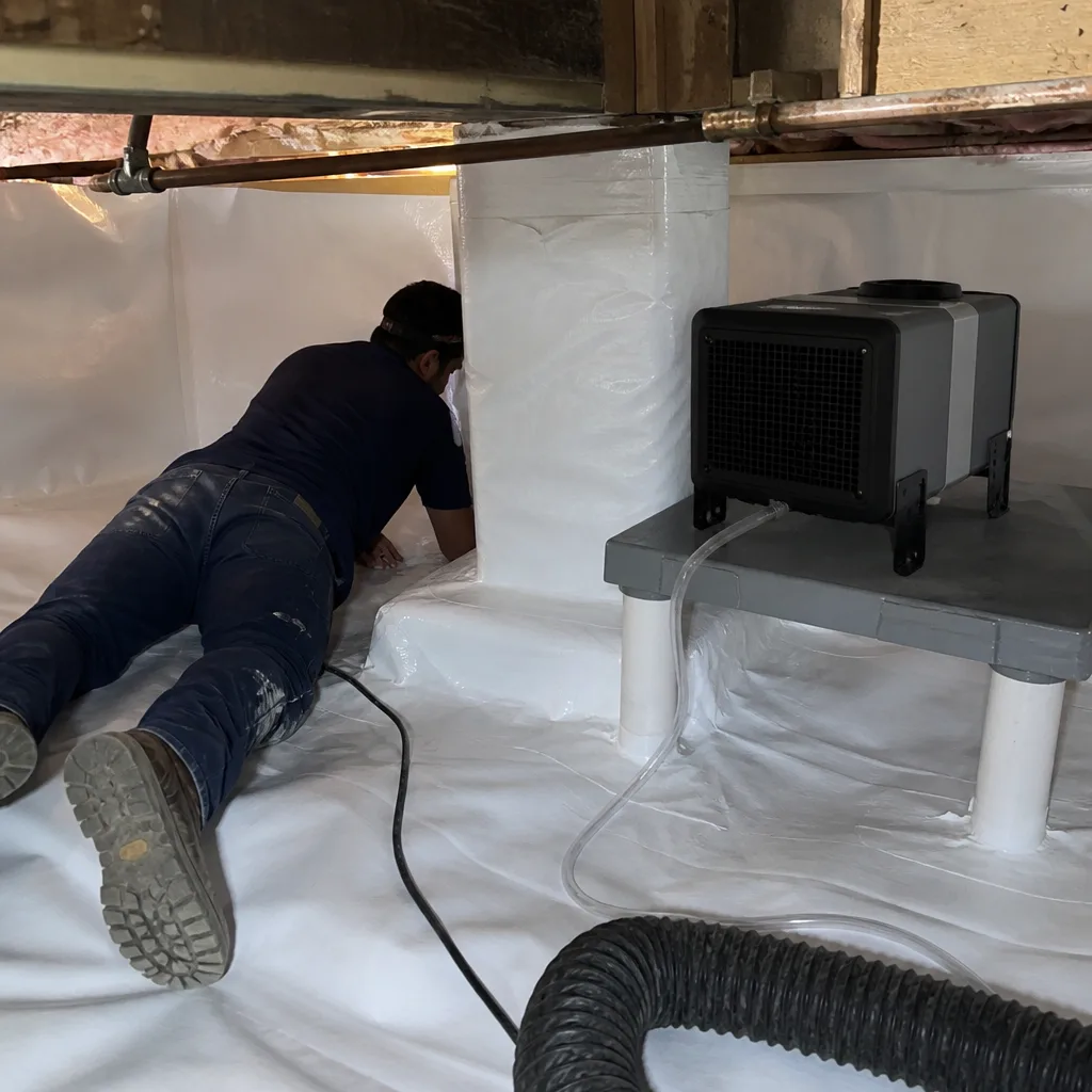 Technician performing crawl space encapsulation and vapor barrier installation