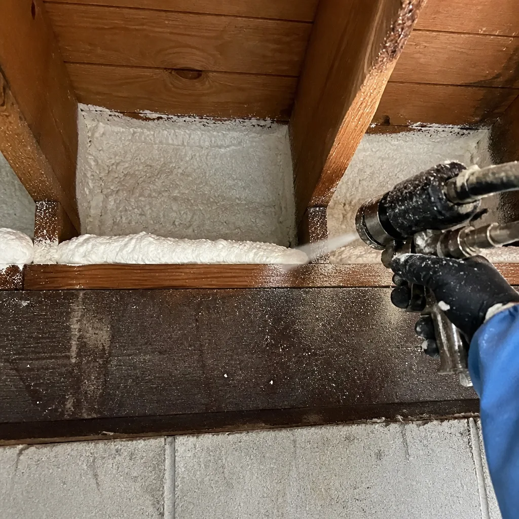 Professional applying spray foam insulation between wooden joists